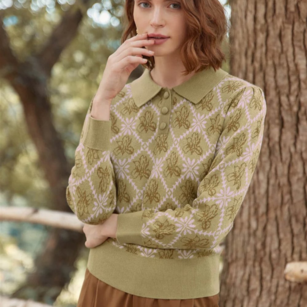 Simple Retro Floral Patterned Avocado Green Long Sleeves Knit Sweater